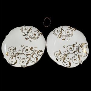 Pier 1 Imports Elegant Scroll Gold Rim Dinner Plates 10.75” Set of 2 Scalloped